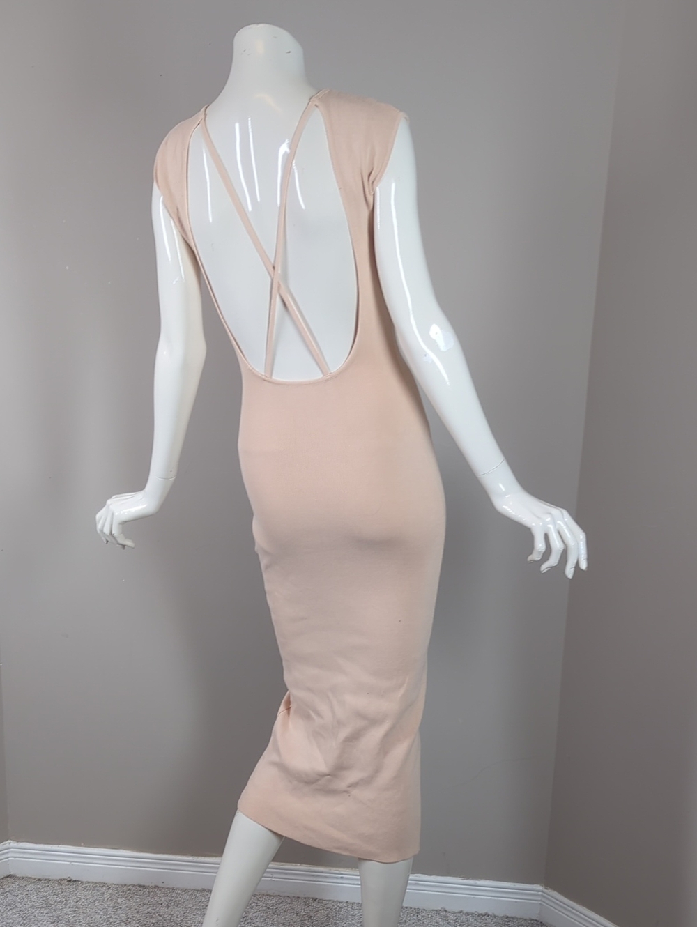 Zara Blush Pink Backless Midi Dress with Crisscross Straps Bodycon Ribbed